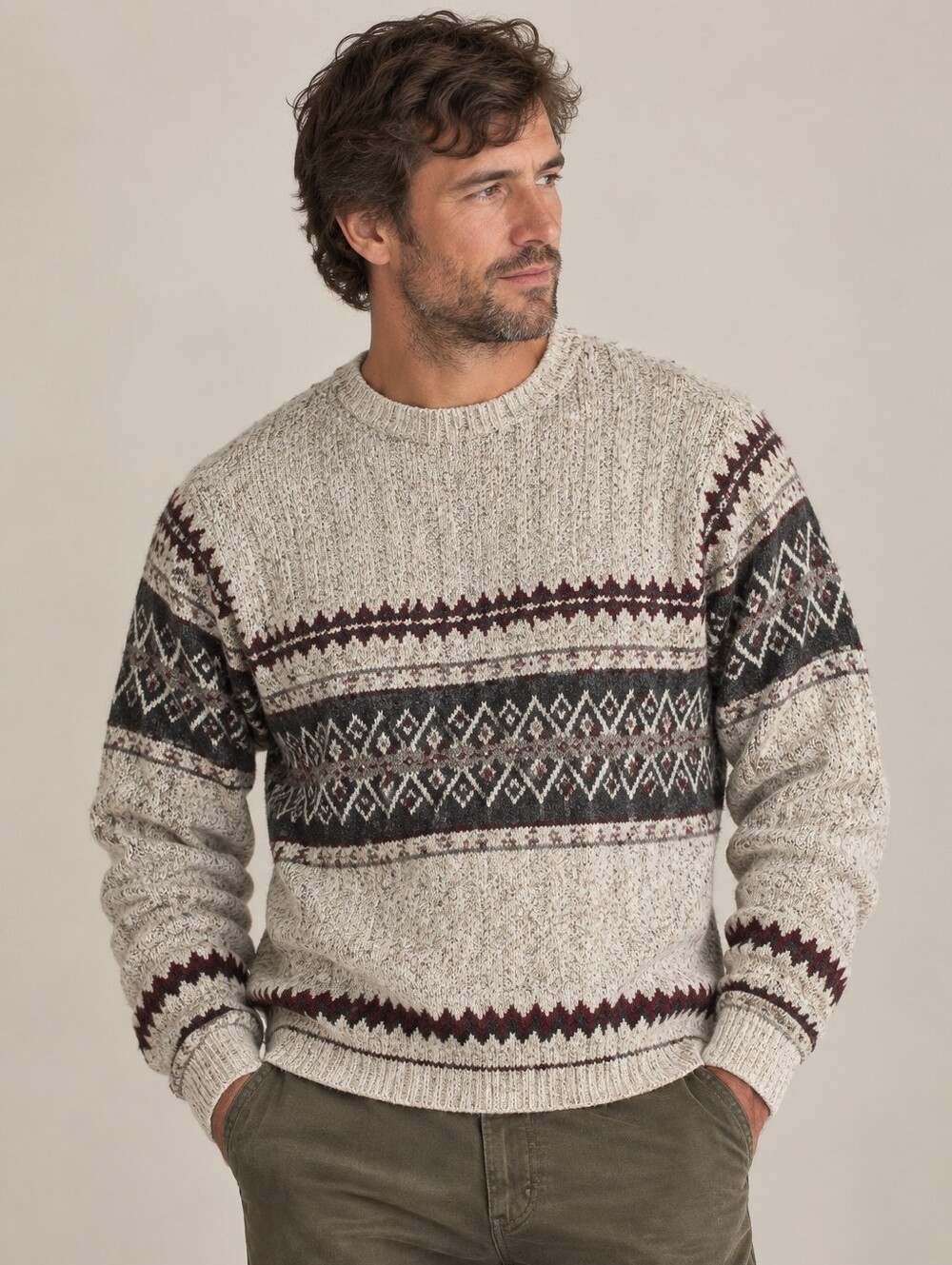 Warm Knit Men's Sweater From Haggar Dark Square Geo Pattern On Oatmeal Sz Large